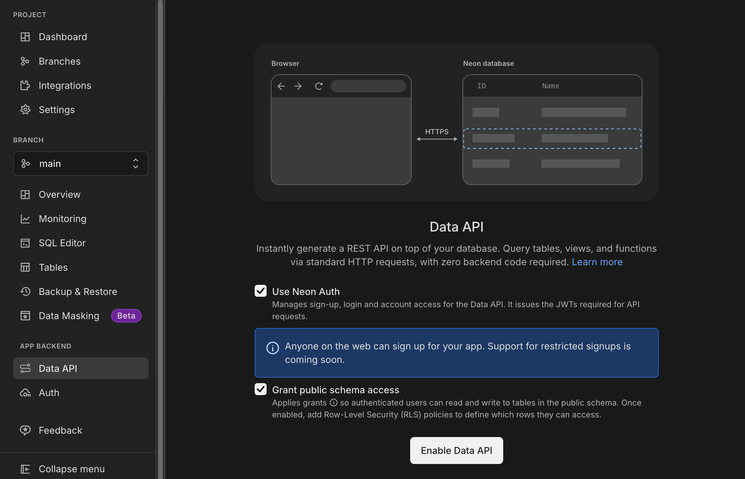 Data API page with enable button